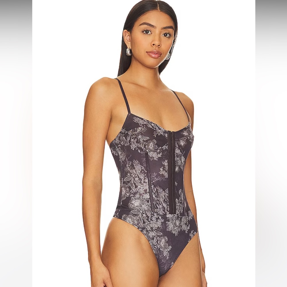 Free People Floral Lace-Up Bodysuit in Charcoal Purple - Picture 2 of 2